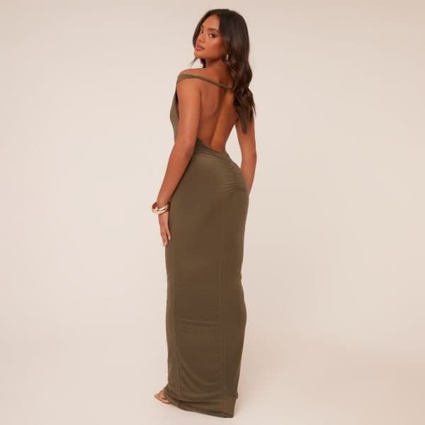 EGO Bardot Ruched Bum Twisted Detail Maxi Dress In Khaki, Women's Size UK 10