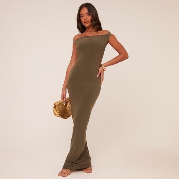 EGO Bardot Ruched Bum Twisted Detail Maxi Dress In Khaki, Women's Size UK 10 - 2