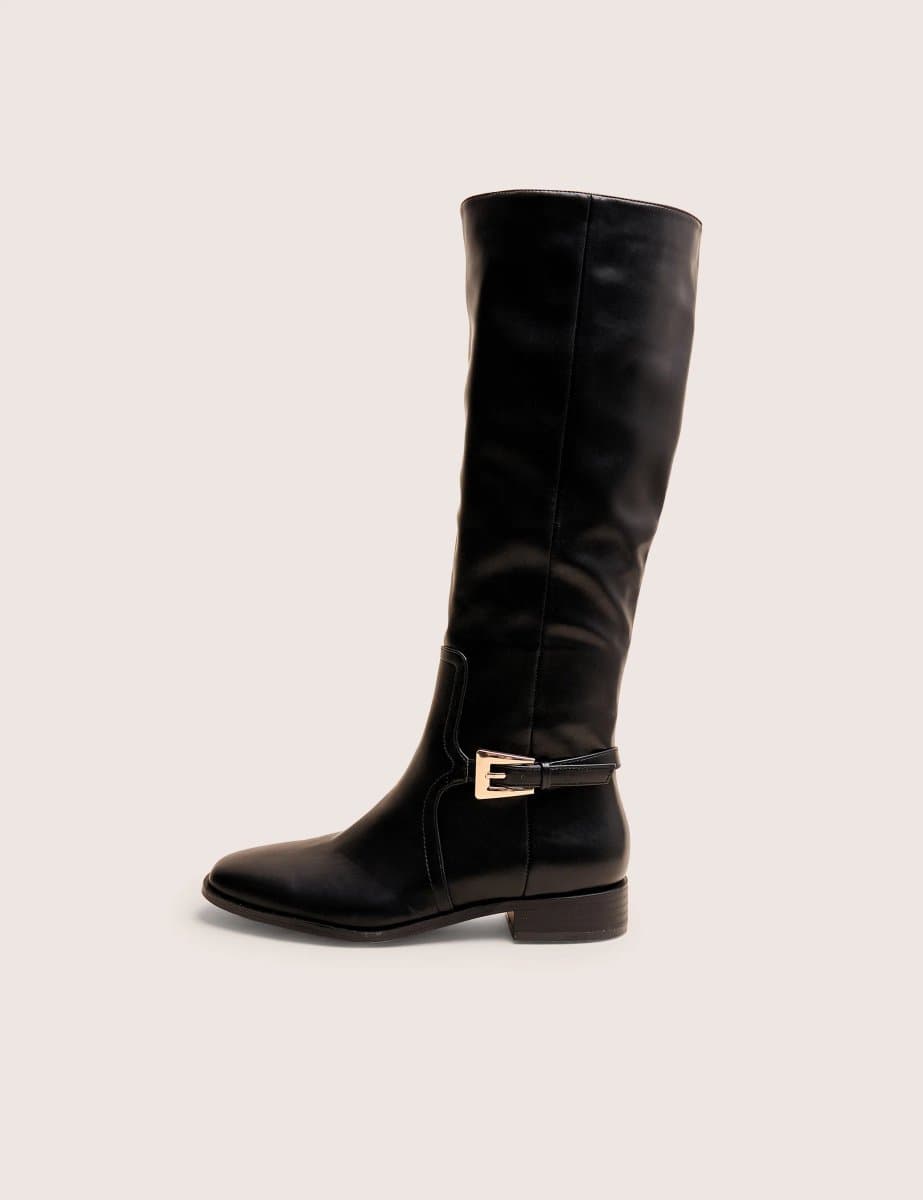 Public Desire Mackie Black Pu Buckle Detail Knee High Riding Boot
