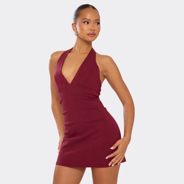 EGO Plunge Halterneck Tailored Mini Dress In Burgundy, Women's Size UK Large L