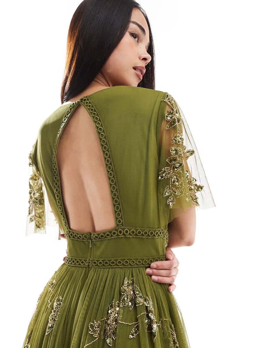 ASOS Maya Embellished angel sleeve open back midaxi dress in dark green - 3