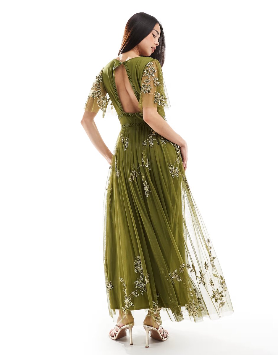 ASOS Maya Embellished angel sleeve open back midaxi dress in dark green - 4