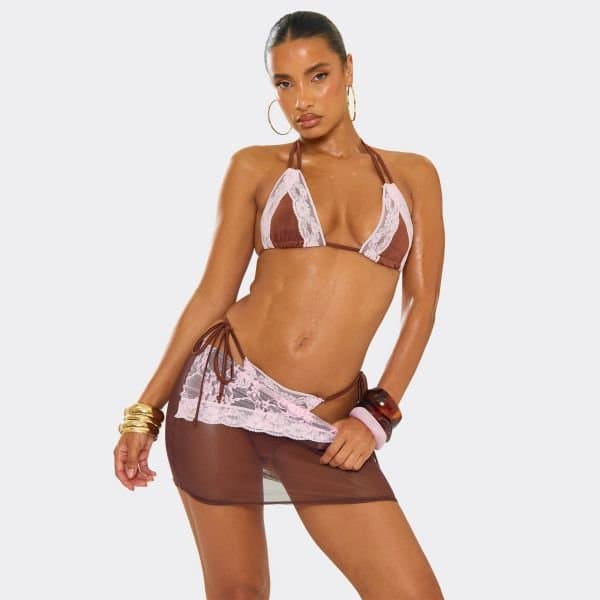 EGO Low Waist Contrast Lace Trim Mini Skirt In Brown Mesh, Women's Size UK 6