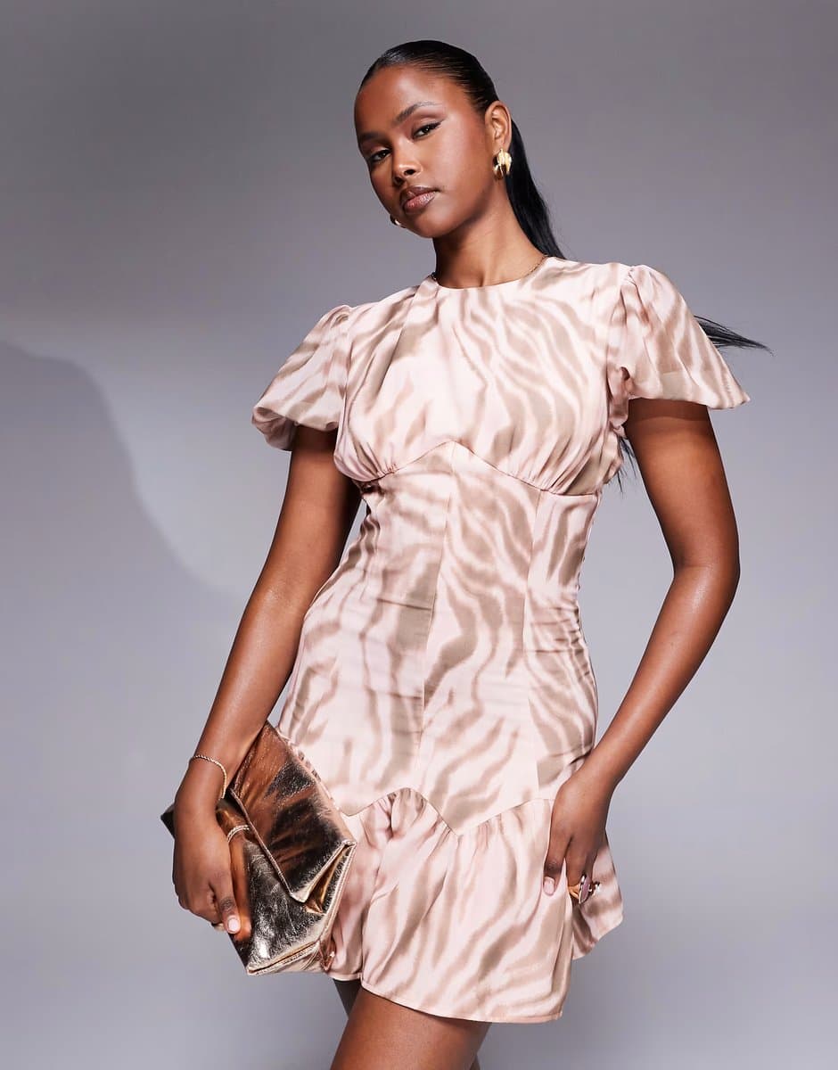 ASOS ASOS DESIGN puff sleeve waisted chiffon mini dress in animal print