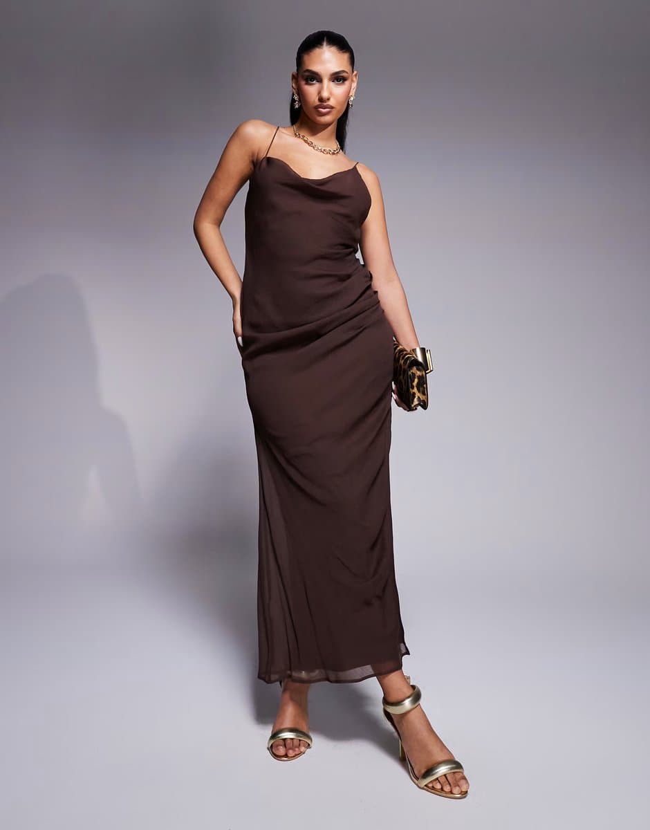 ASOS ASOS DESIGN asymmetric neck maxi dress with draped skirt and cutaway split in chocolate