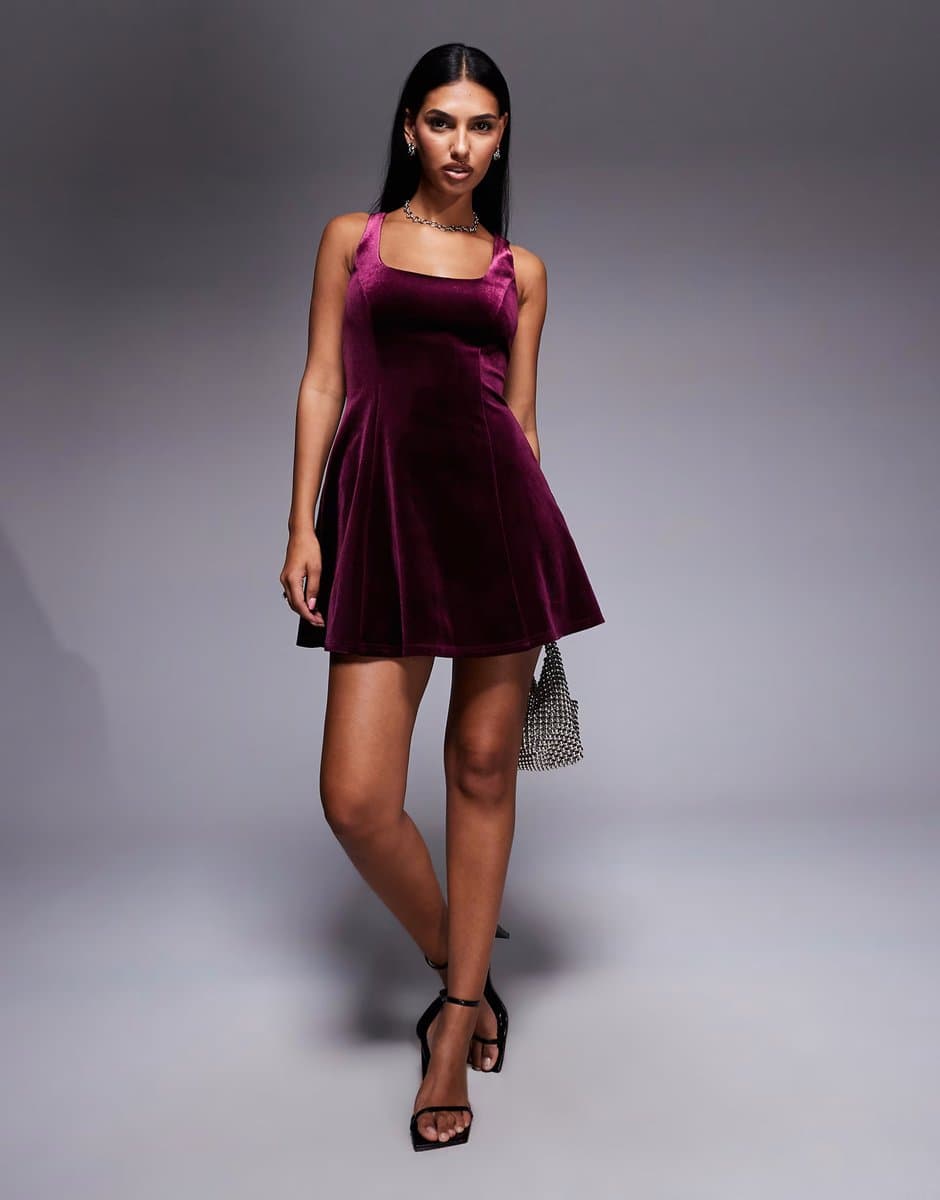 ASOS New Look velvet fit and flare mini dress in burgundy