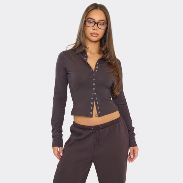 EGO Long Sleeve Collared Popper Detail Top In Chocolate Brown, Women's Size UK 6