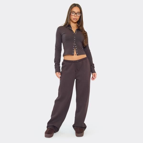 EGO Long Sleeve Collared Popper Detail Top In Chocolate Brown, Women's Size UK 6 - 2