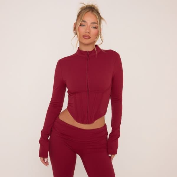 EGO EGO Corset Detail Zip Through Contour Stretch Jacket In Burgundy