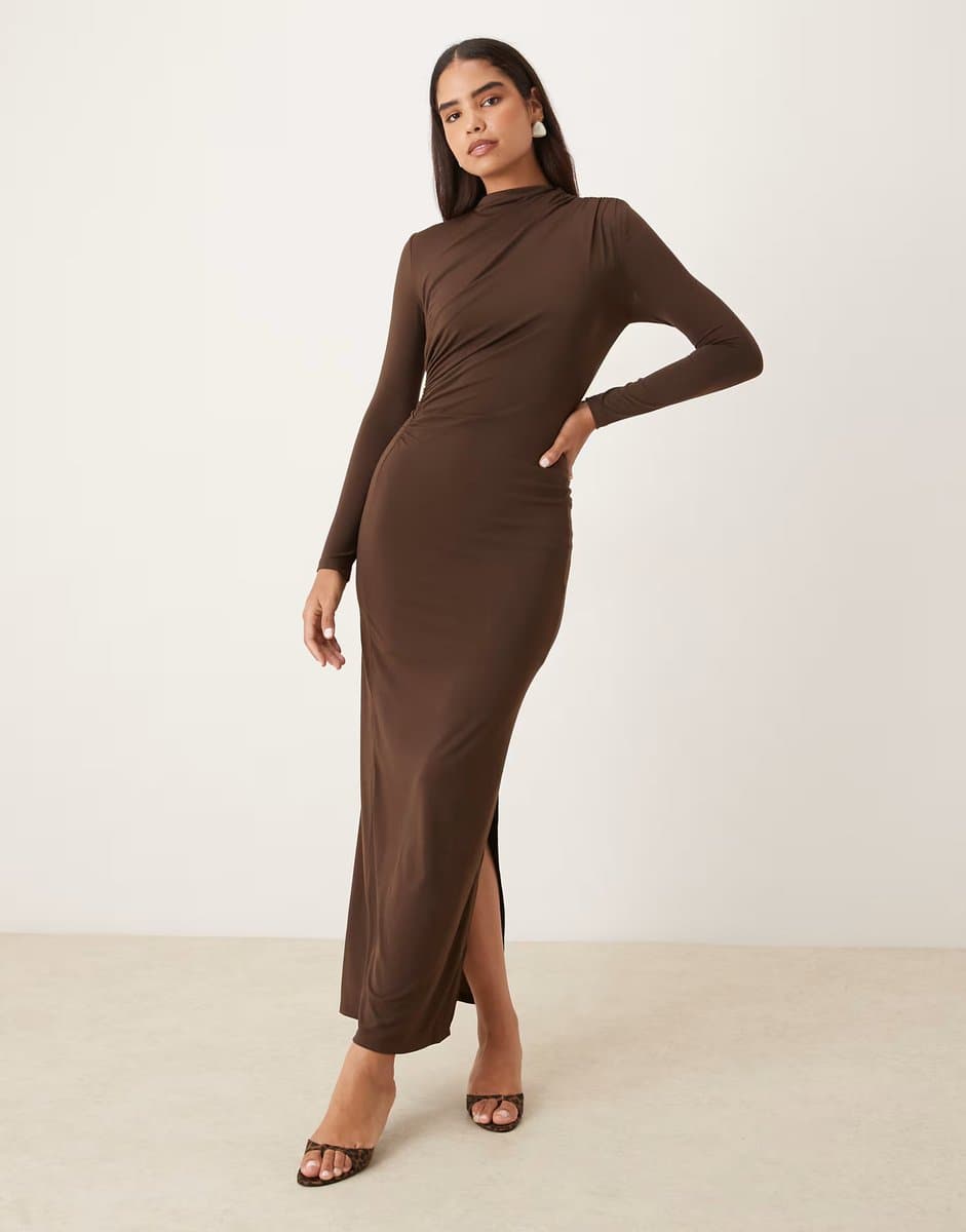 ASOS Glamorous Long Sleeve Ruched Bodycon Maxi Dress in dark brown
