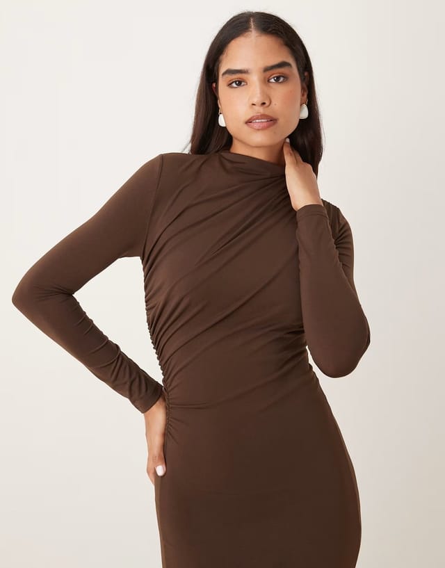 ASOS Glamorous Long Sleeve Ruched Bodycon Maxi Dress in dark brown - 3