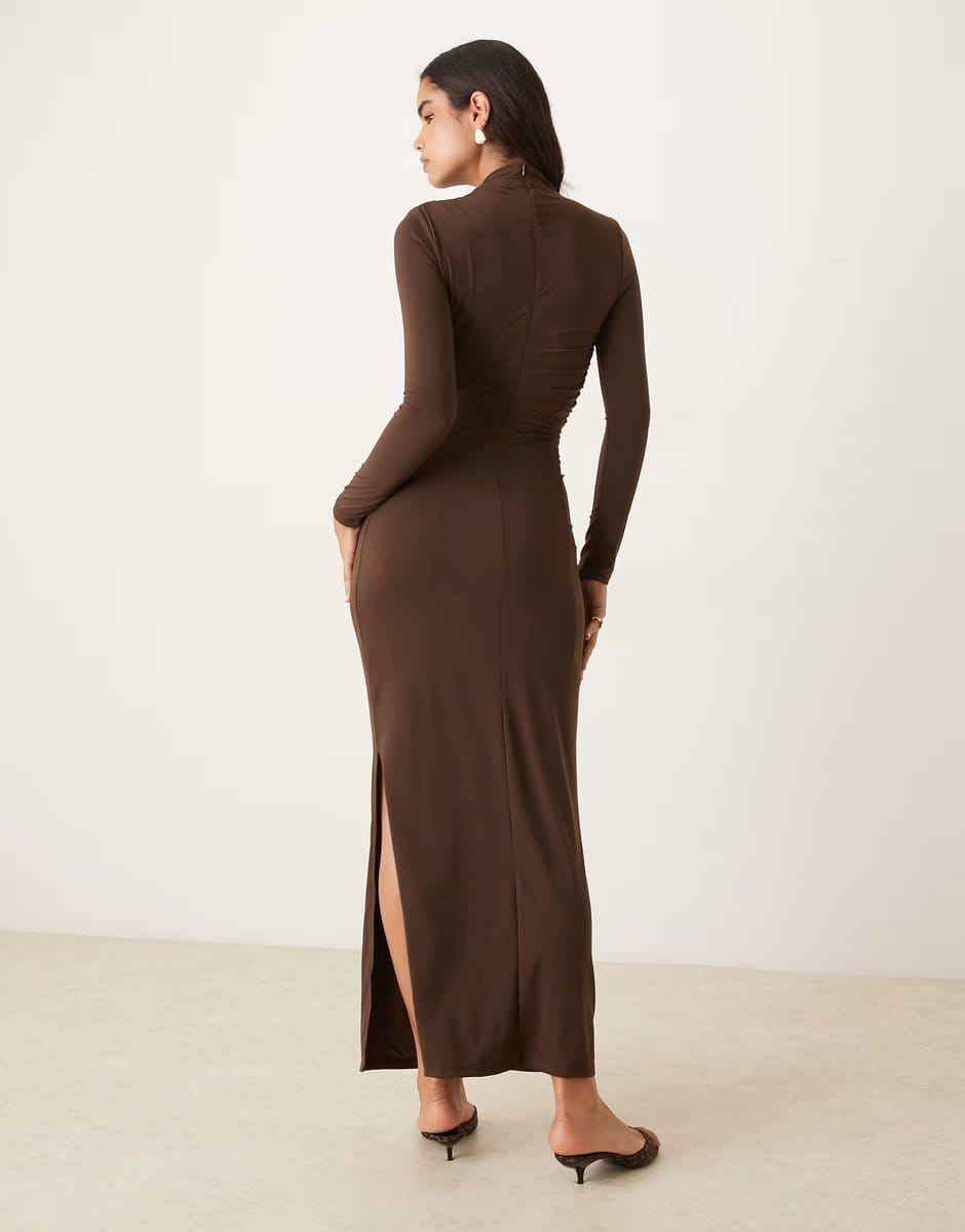 ASOS Glamorous Long Sleeve Ruched Bodycon Maxi Dress in dark brown - 4
