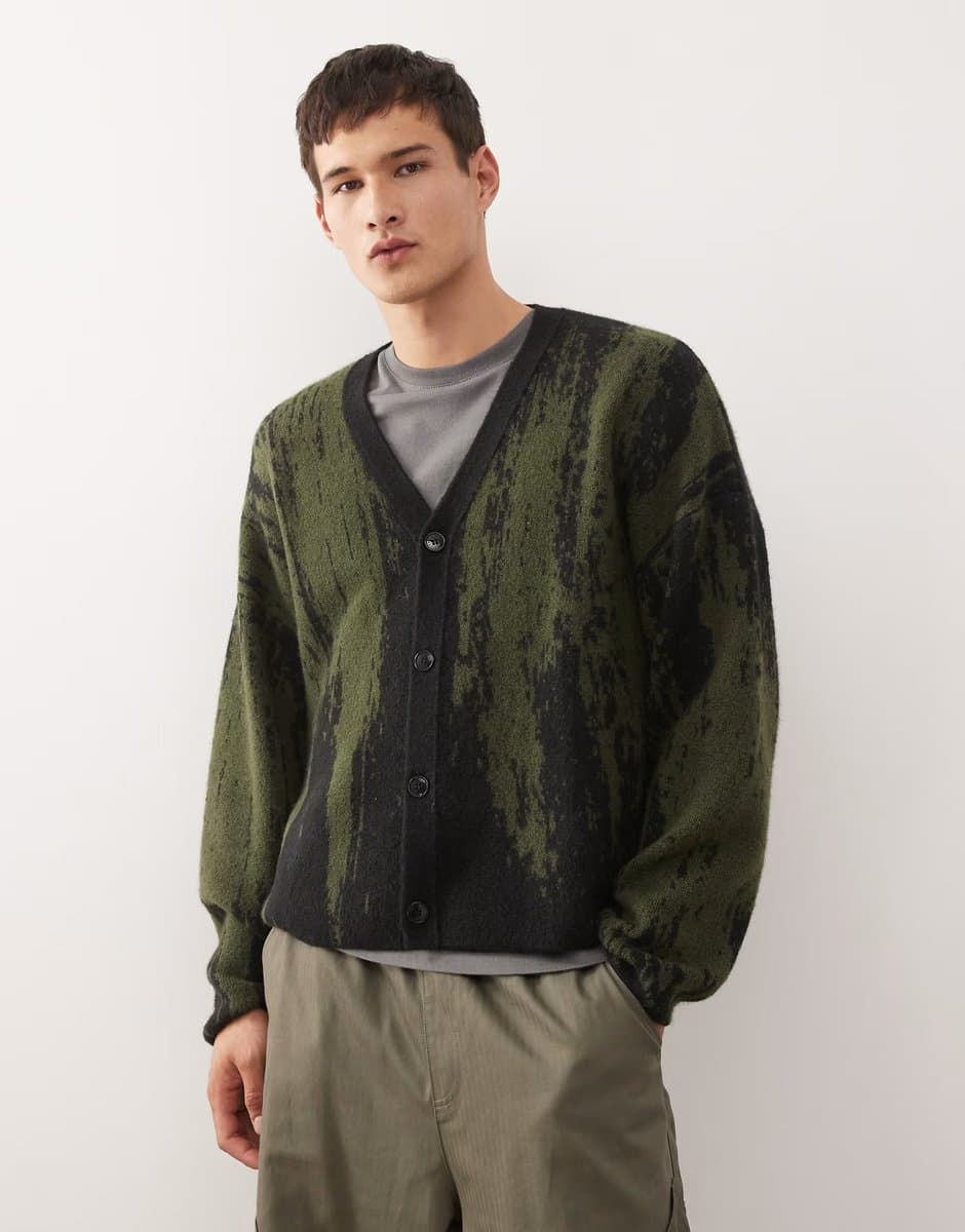 ASOS Weekday wool blend oversized cardigan with jacquard pattern in black & khaki