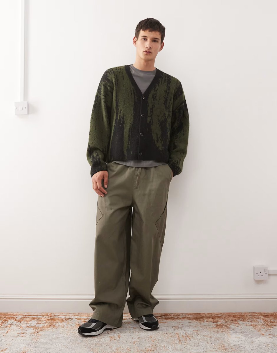 ASOS Weekday wool blend oversized cardigan with jacquard pattern in black & khaki - 2