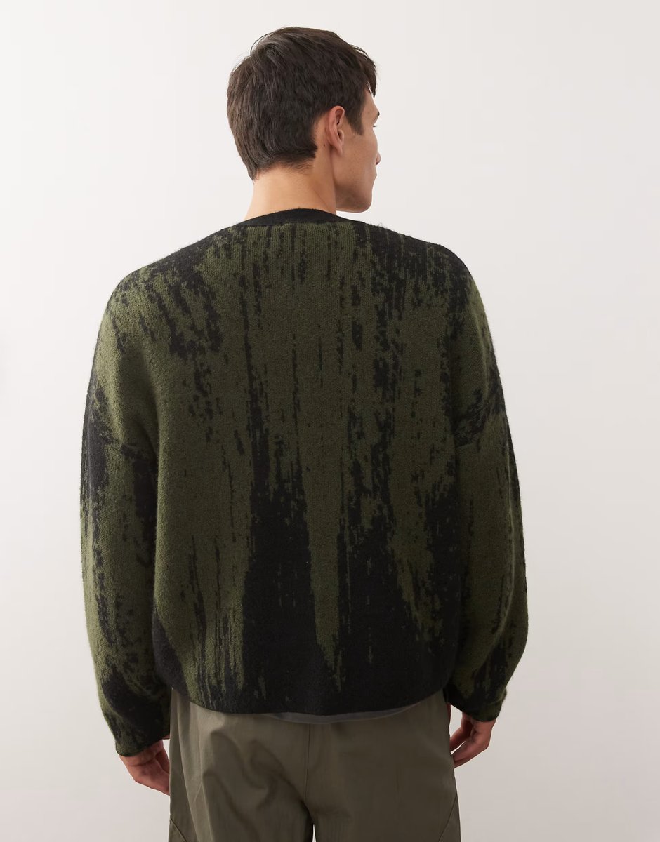 ASOS Weekday wool blend oversized cardigan with jacquard pattern in black & khaki - 3