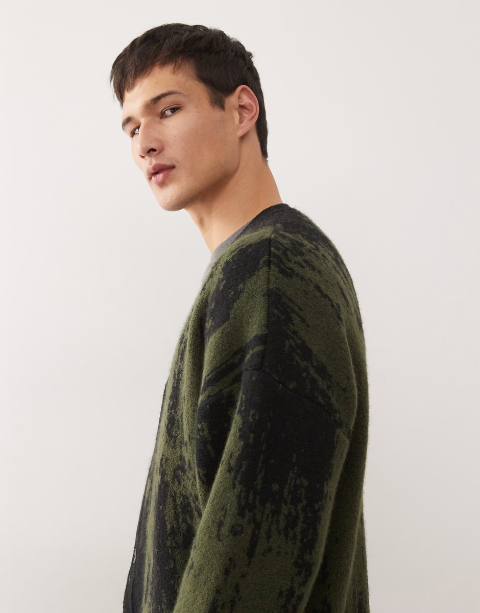 ASOS Weekday wool blend oversized cardigan with jacquard pattern in black & khaki - 4