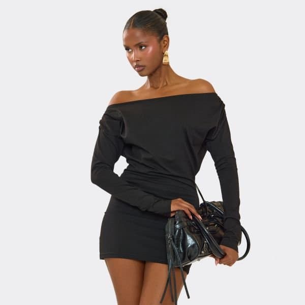 EGO Off The Shoulder Long Sleeve Ruched Detail Bodycon Mini Dress In Black, Women's Size UK 6
