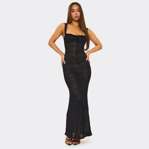 EGO Square Neck Tie Front Maxi Dress In Black Sheer Lace, Women's Size UK 6