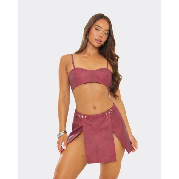 EGO Strappy Cropped Bralet In Burgundy Faux Leather, Women's Size UK 8 - 2