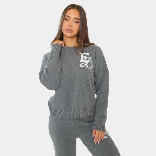 EGO Crew Neck Ego Graphic Oversized Jumper In Grey Knit, Women's Size UK Large L