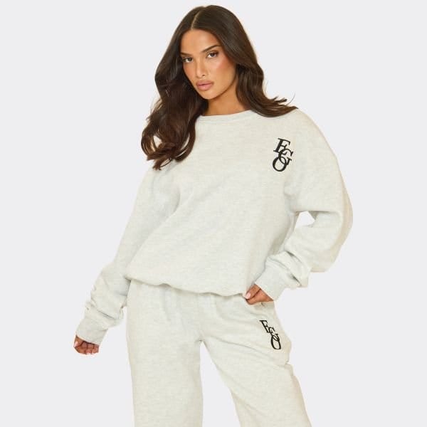 EGO Graphic Oversized Sweatshirt In Light Grey Marl, Women's Size UK 6 - 1