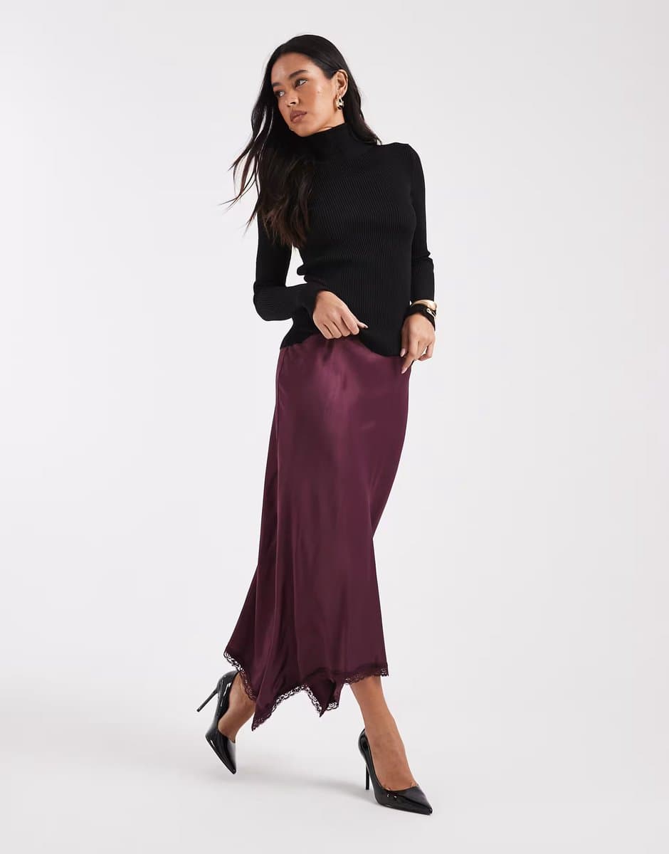 ASOS ASOS Miss Selfridge Satin Midi Skirt with Asymmetrical Hem in Fig