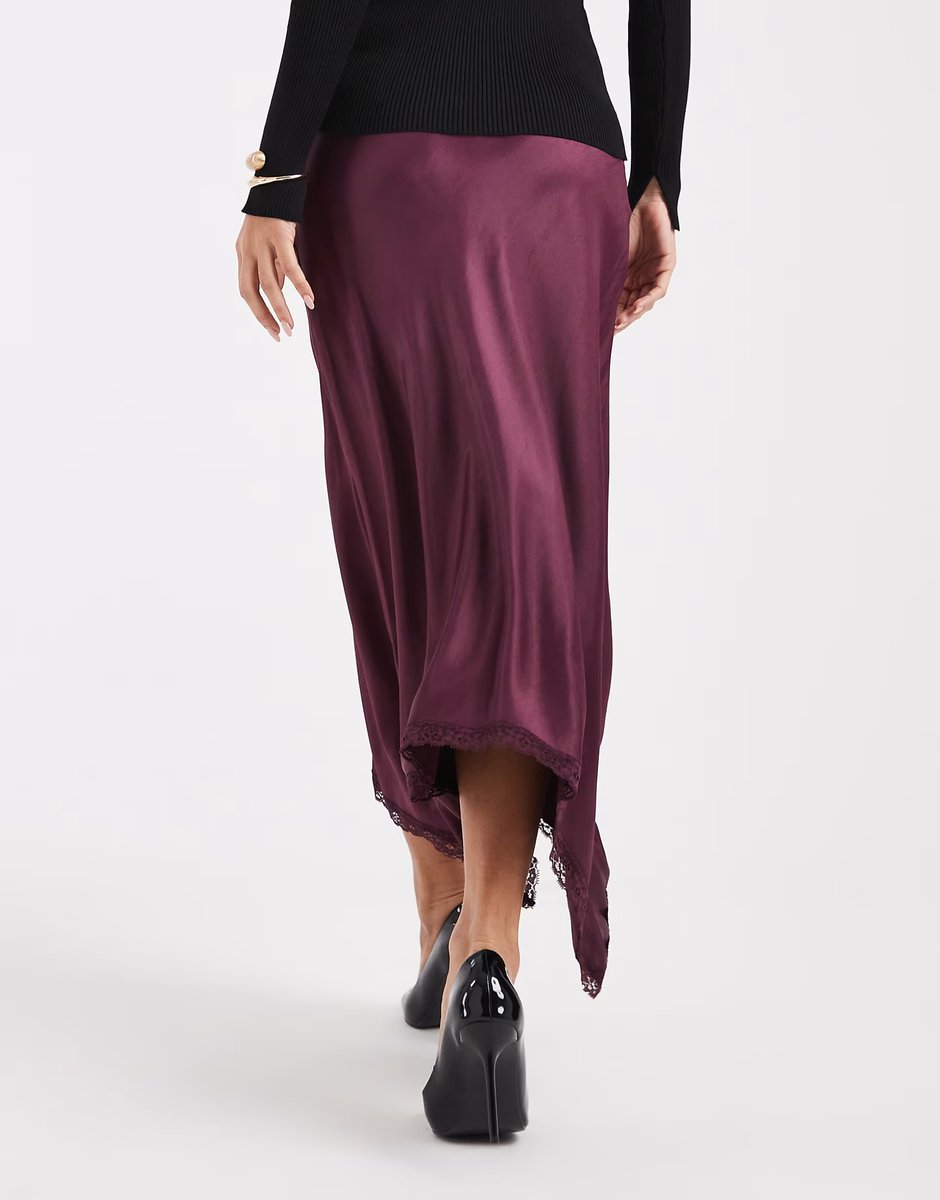 ASOS Miss Selfridge satin asym hem midi skirt in fig - 3