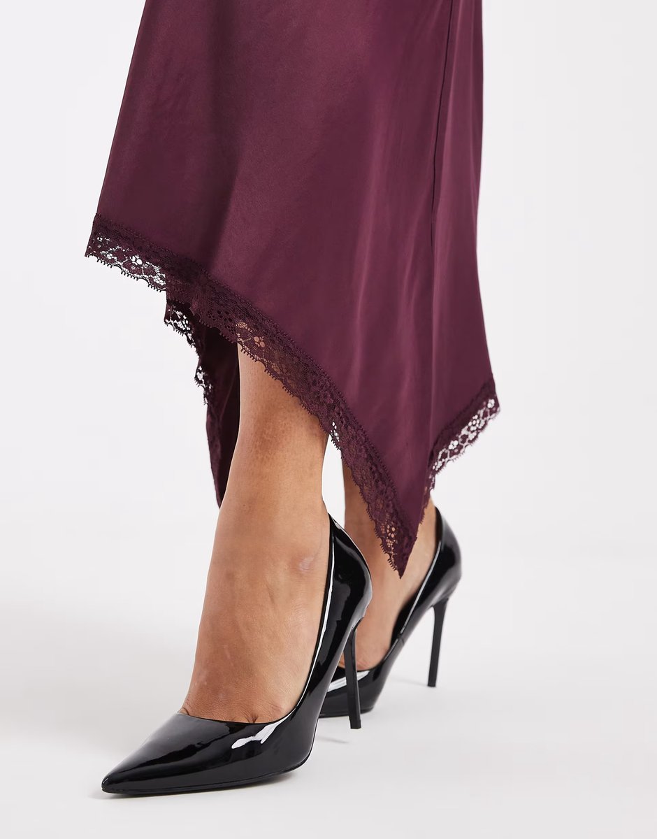 ASOS Miss Selfridge satin asym hem midi skirt in fig - 4