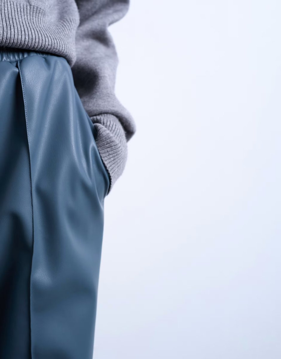 ASOS Topshop faux leather wide leg jogger with pinseam detail in blue - 3