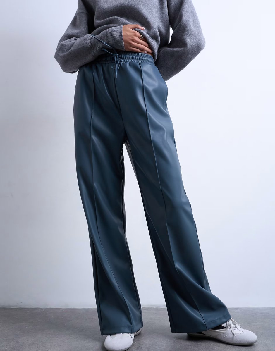ASOS Topshop faux leather wide leg jogger with pinseam detail in blue - 4
