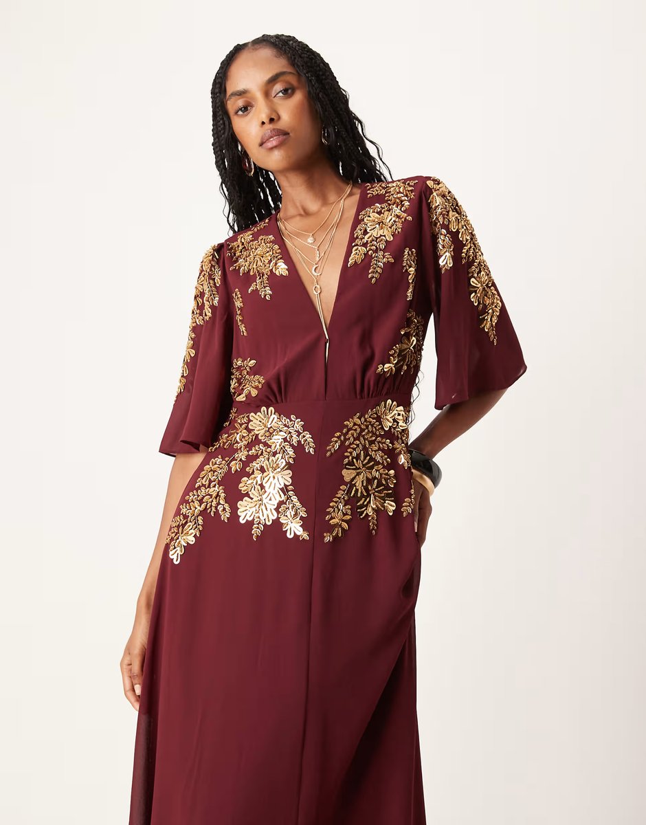 ASOS Hope & Ivy v-neck embellished maxi dress in burgundy - 3