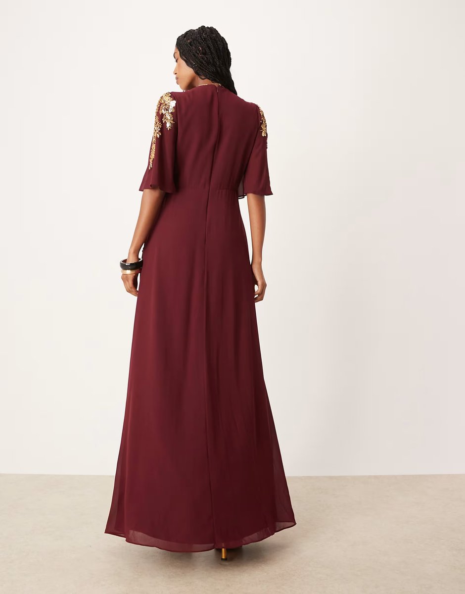 ASOS Hope & Ivy v-neck embellished maxi dress in burgundy - 4