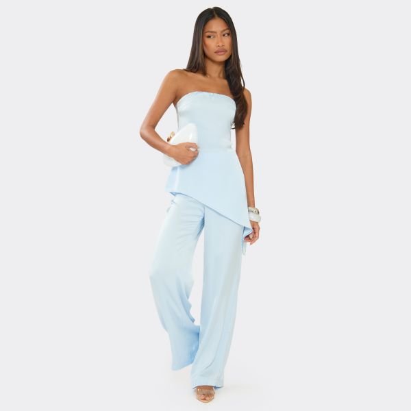 EGO Bandeau Asymmetric Detail Top In Baby Blue Satin, Women's Size UK Large L - 2