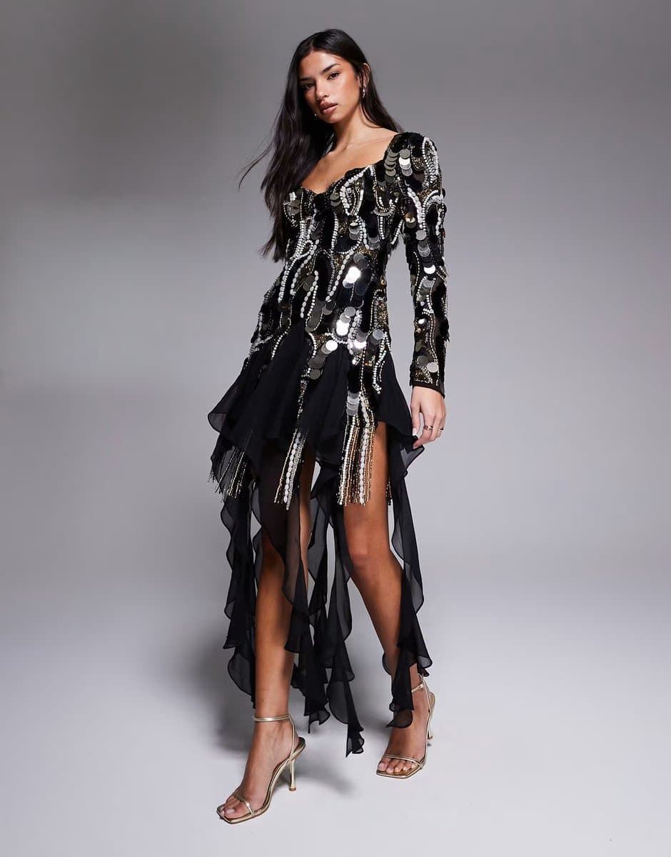 ASOS ASOS LUXE embellished chiffon trim mini dress in black