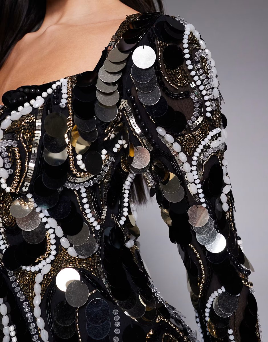 ASOS ASOS LUXE embellished chiffon trim mini dress in black - 3