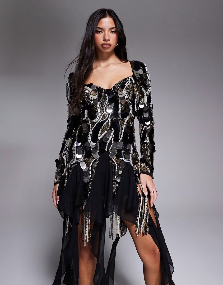 ASOS ASOS LUXE embellished chiffon trim mini dress in black - 4