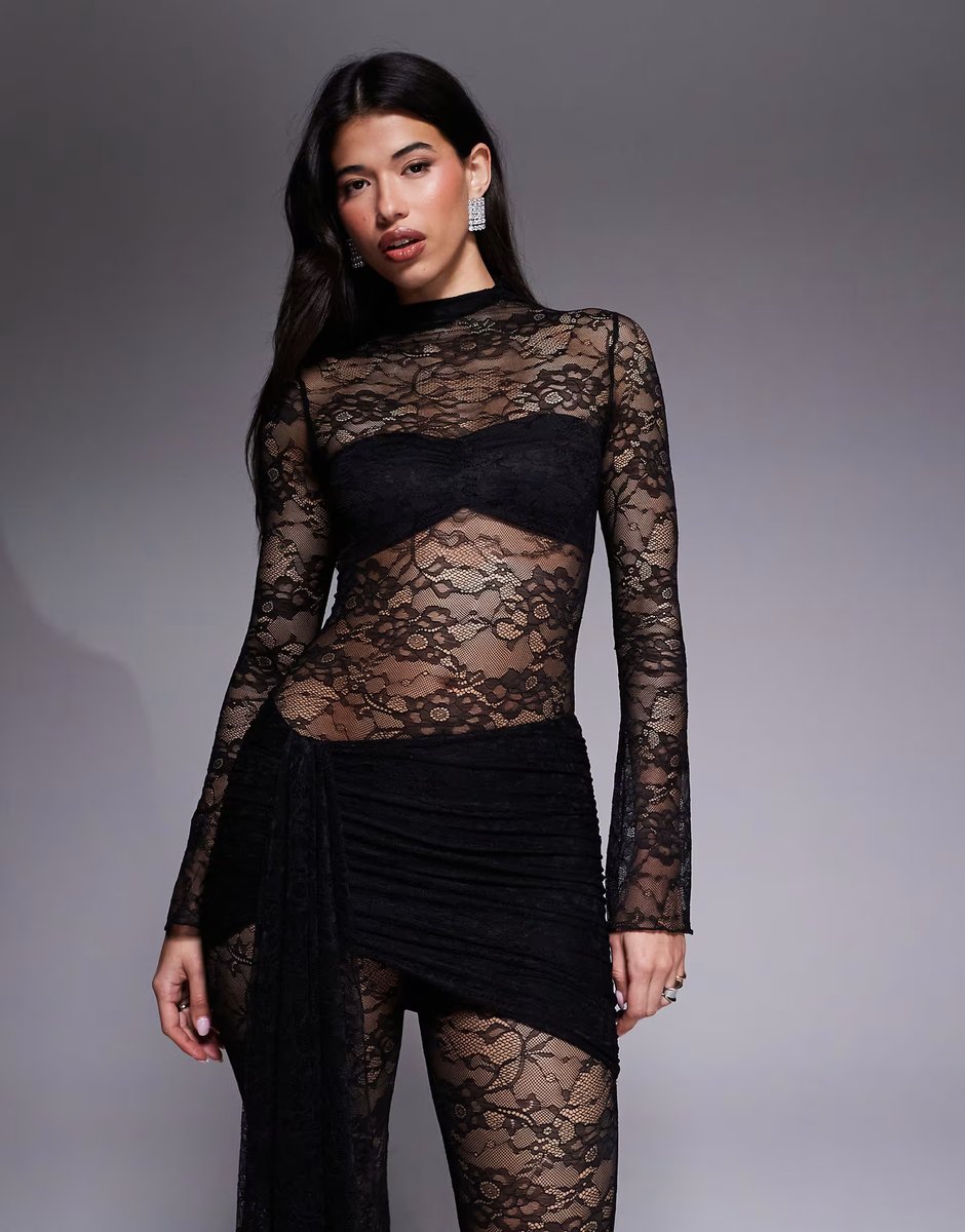 ASOS Wanderdoll Roxy sheer lace high neck drape waist detail wide leg jumpsuit in black - 3