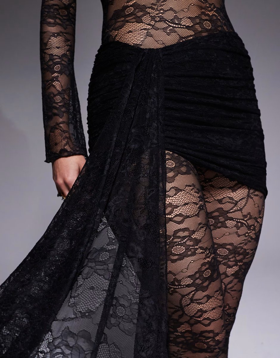 ASOS Wanderdoll Roxy sheer lace high neck drape waist detail wide leg jumpsuit in black - 4