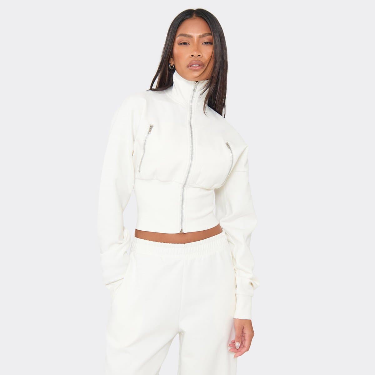EGO EGO Elegant High Neck Zip Up Jacket in Cream