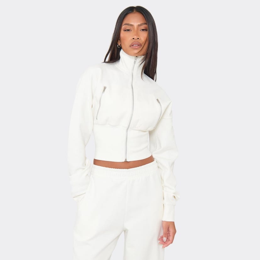 EGO Long Sleeve High Neck Zip Up Jacket In Cream, Women's Size UK 6 - 1