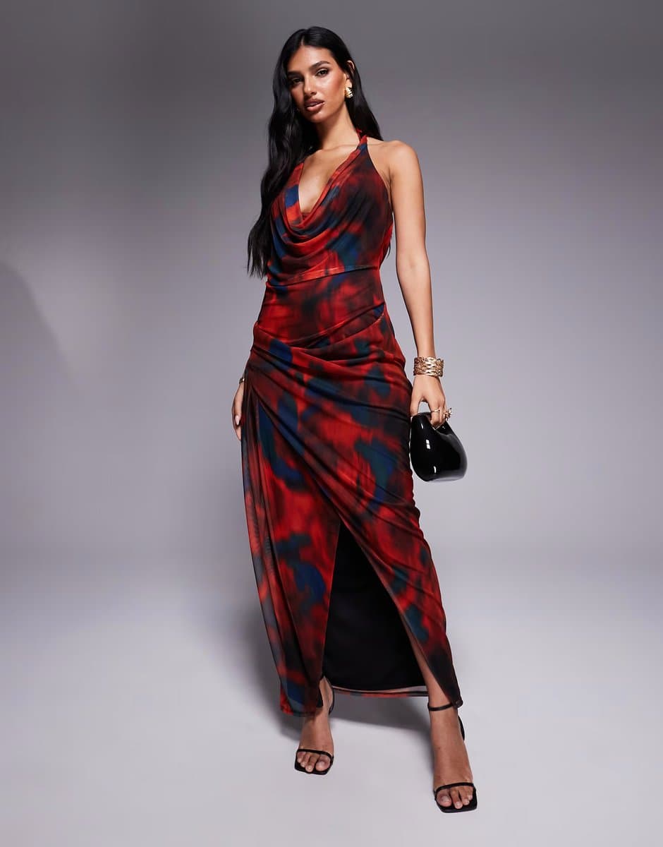 ASOS ASOS DESIGN mesh plunge halter midi dress with wrap skirt in abstract red and blue print