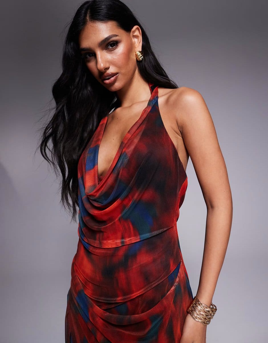 ASOS ASOS DESIGN mesh plunge halter midi dress with wrap skirt in abstract red and blue print - 4