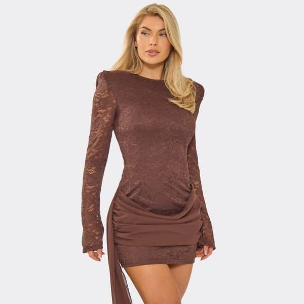 EGO Long Sleeve Shoulder Pad Drape Detail Mini Dress In Chocolate Brown, Women's Size UK 6