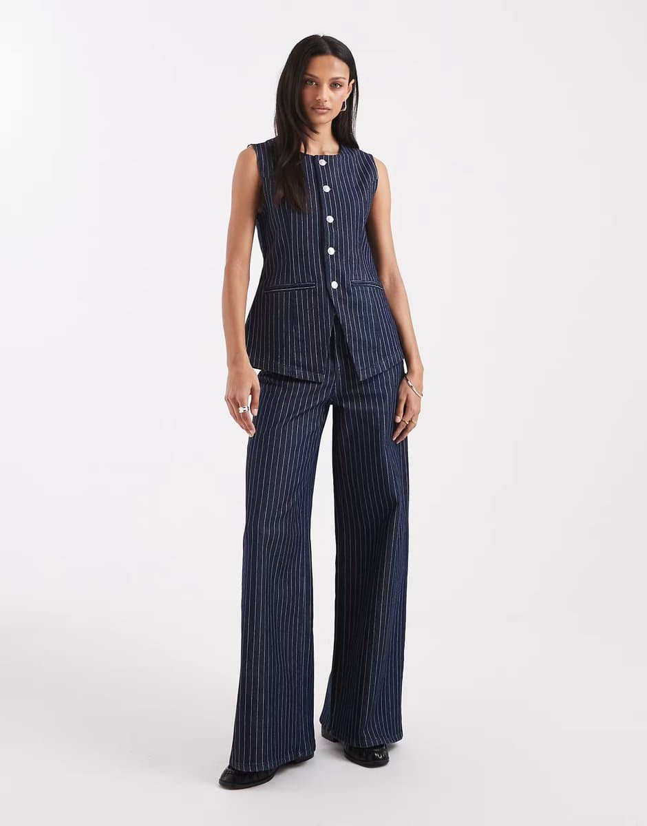 ASOS Pieces mid waist wide leg jeans co-ord in dark blue pinstripe