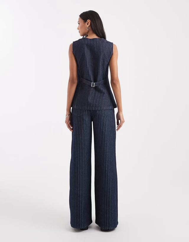 ASOS Pieces mid waist wide leg jeans co-ord in dark blue pinstripe - 3