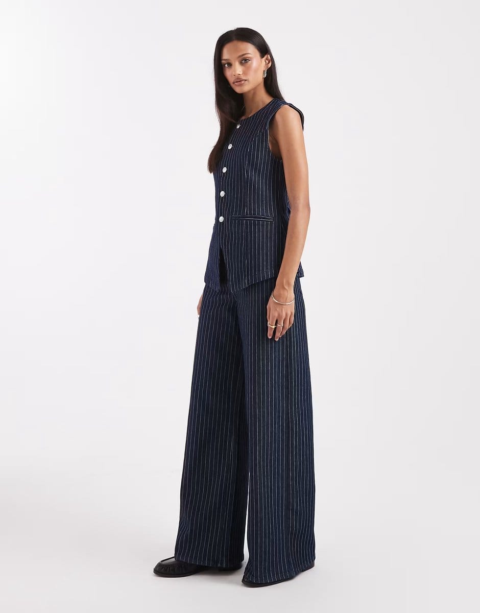 ASOS Pieces mid waist wide leg jeans co-ord in dark blue pinstripe - 4