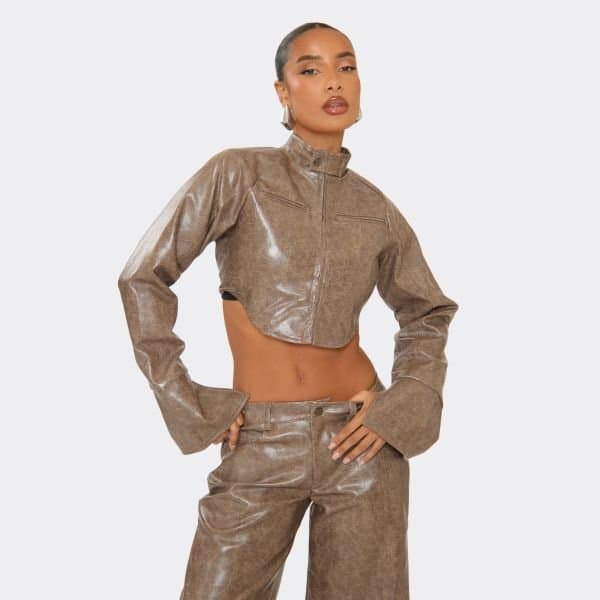 EGO Long Sleeve Fitted Zip Up Cropped Jacket In Brown Faux Leather, Women's Size UK 6