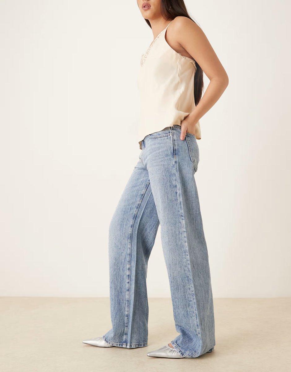 ASOS Gina Tricot mid waist embellished jeans in midwash blue - 3