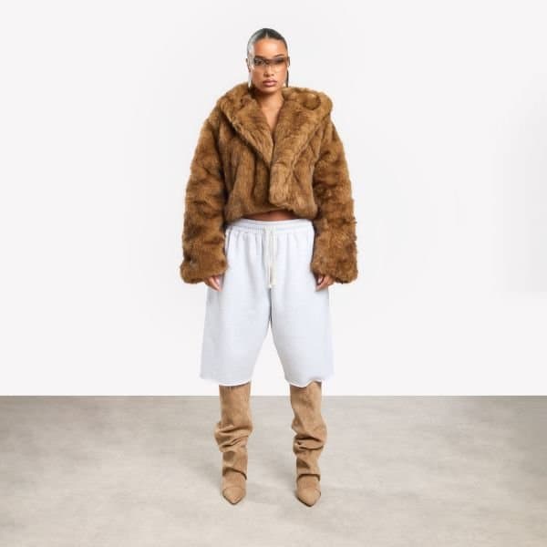 EGO Hooded Cropped Coat In Brown Premium Faux Fur, Women's Size UK 4
