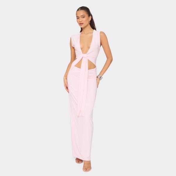 EGO Plunge Front Cut Out Drape Detail Maxi Dress In Baby Pink, Women's Size UK 6